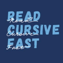 Book cover with the words “Read Cursive Fast” in printed capitals and cursive lowercase 
